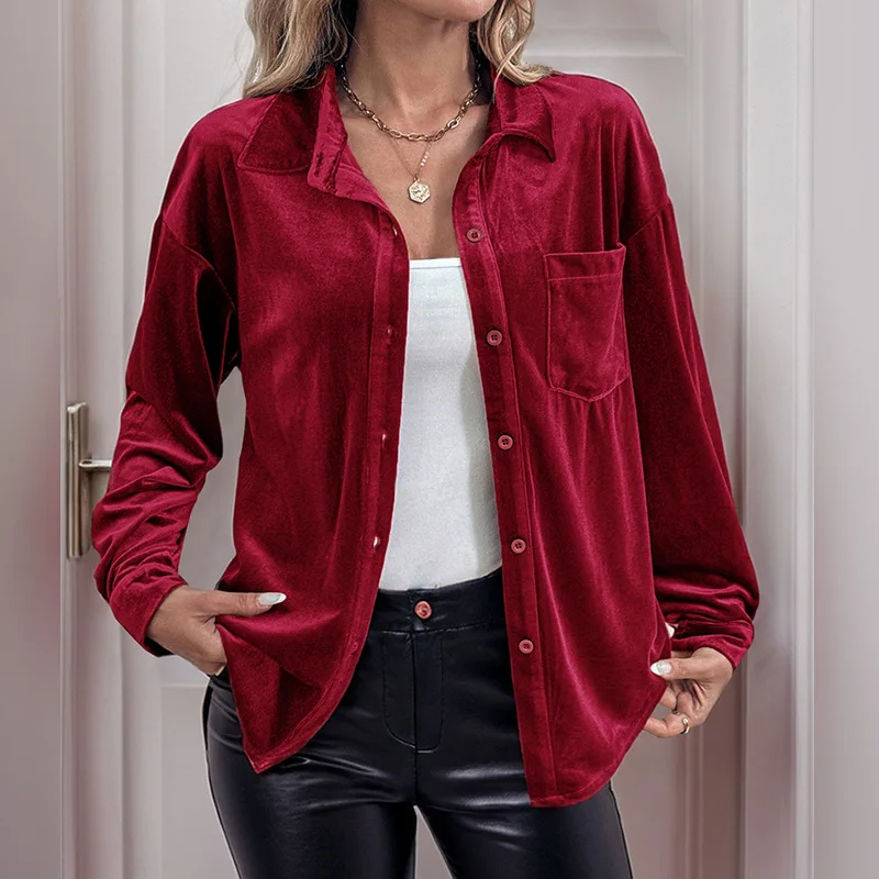 Damesoverhemd Fluwelen overhemd Revers 2024 Herfst Winter Nieuwe knop Lange mouw Fluwelen vest Pocket Top Shirt