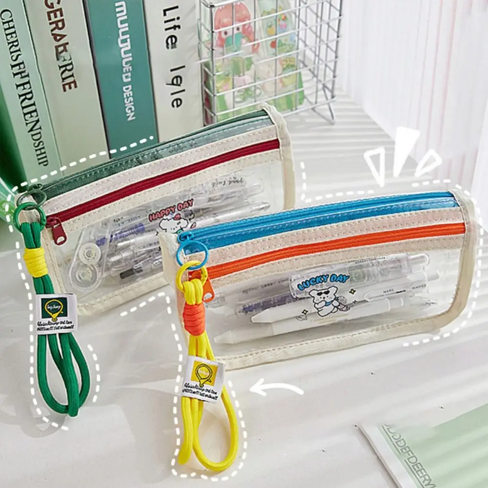 Transparent PVC Color Contrast Pencil Case Large Capacity Cute Print Double Layers Pen Bag Wear-resistant Waterproof