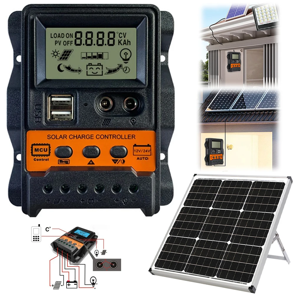 10A/20A/30A Solar Regulator PWM Controller LCD Display Solar Panel Battery Regulator Dual USB 5V 2.5A Output for Solar Panels