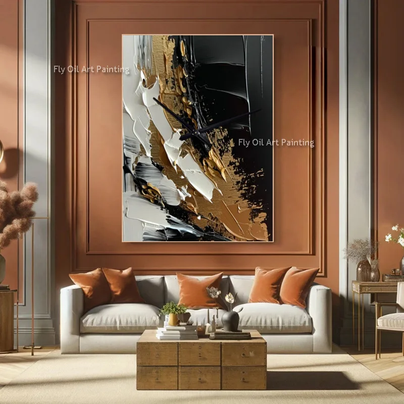 Original Design Handmade Black Beige Canvas Thick Oil Painting New Fashion Black Yellow Large Abstract Wall Art Decor For Living