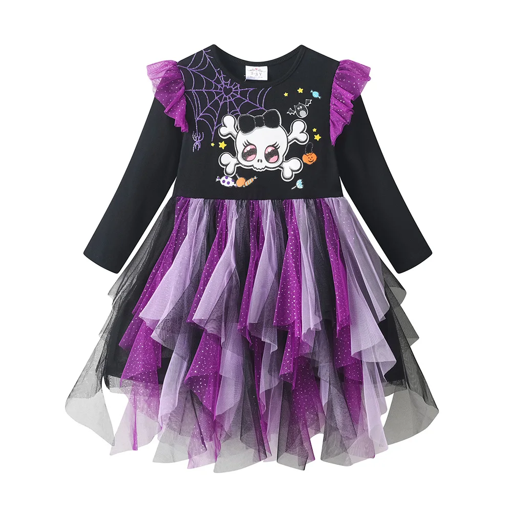 VIKITA Kinder Halloween Feiertagskostüme Mädchen Spinnen-Totenkopf-Druck Glockenärmel Herbst Winter Prinzessin Mesh Tutu Kleider – Detail 3