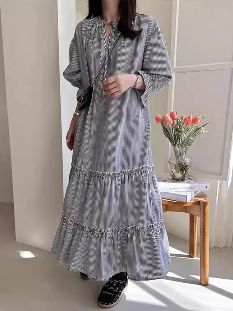 Chique vintage verão solto ajuste longo sve dr feminino ter ne amarrado dupla camada vestido de madeira coreano sle