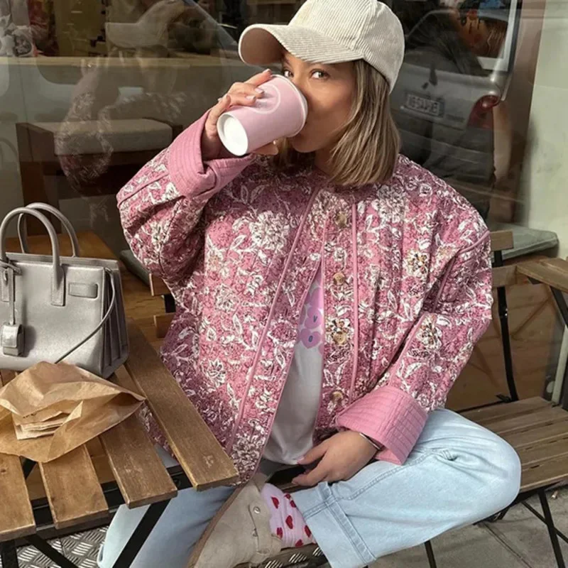

Women New Floral Print Quilted Cotton Jacket Fall Winter Thickened Stand Up Collar Long Sleeved Loose Jackets Fashion Outerwear