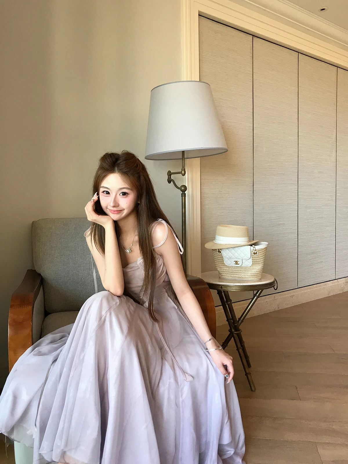 

Nunu Little Volcano Gradient Purple Rose Strap Dress Women's Beautiful Elegant Fairy Skirt City Walk Clean Fit Flower Bud Skirt