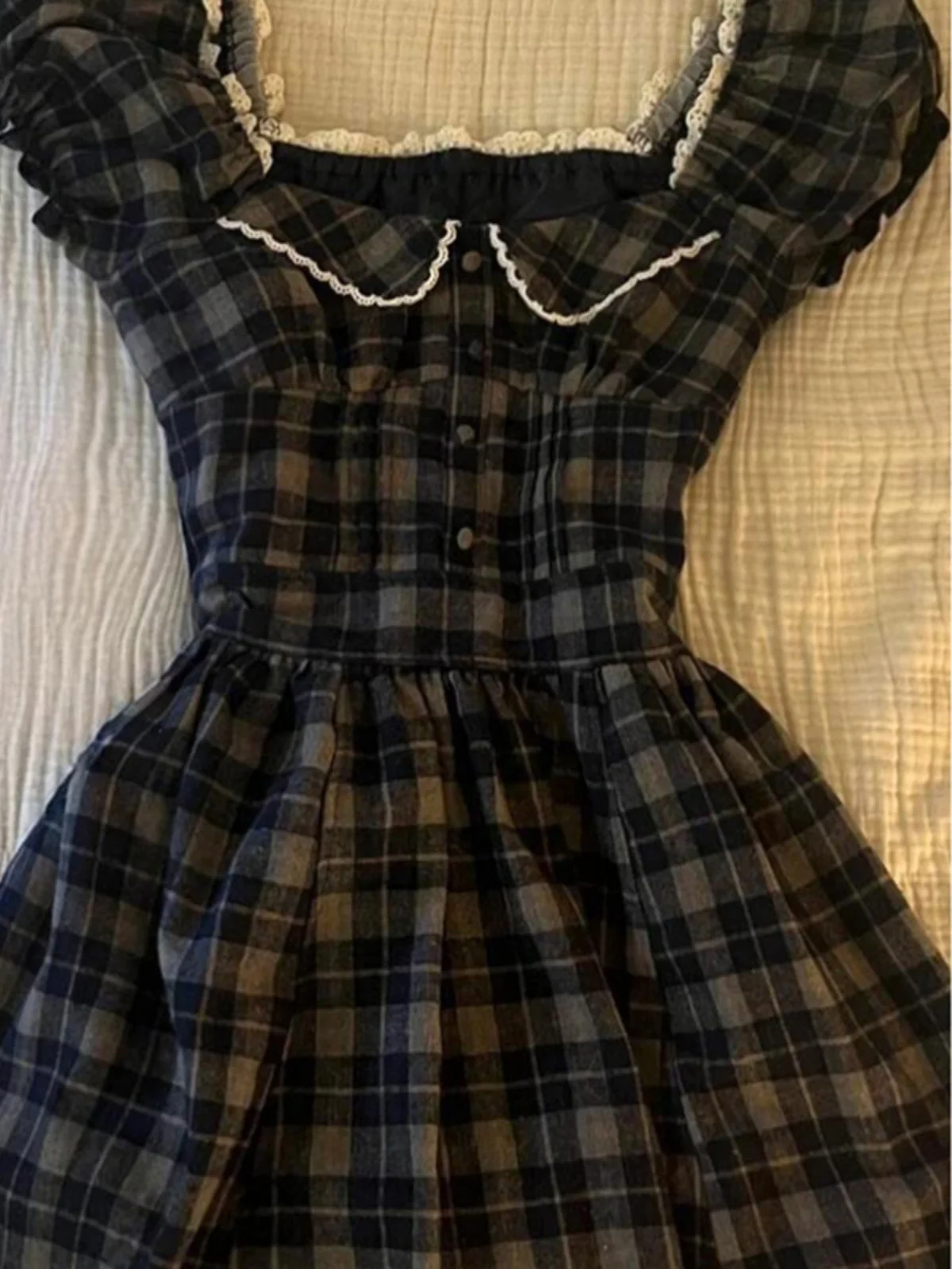 

Оригинальное винтажное платье в клетку с квадратным воротником, женское летнее короткое платье, дышащее, из льна, с рукавами-фонариками, приталенное, из смесового хлопка