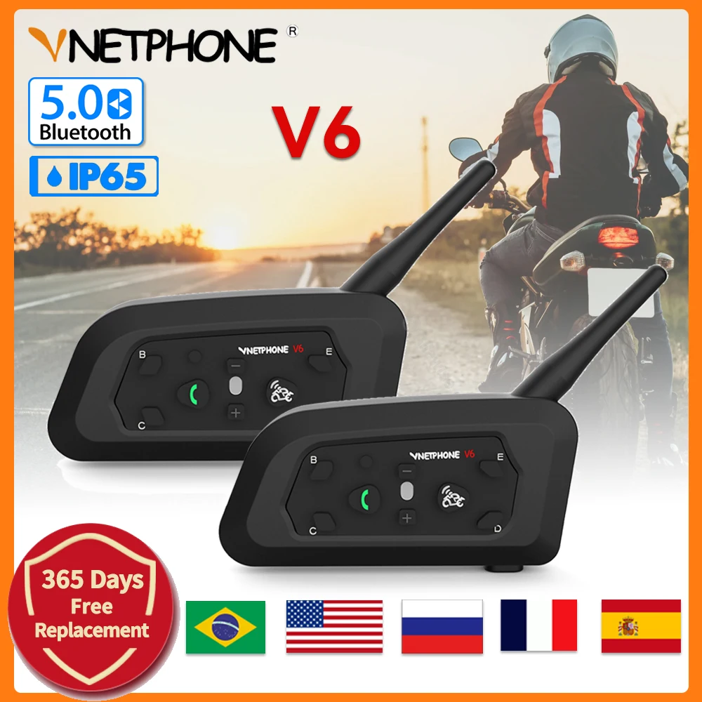 Vnetphone V6 Motorcycle Helmet Interphone Bluetooth Headset Intercom TYPE-C Jack Comunicador Full Duplex Interfones for 6 Riders