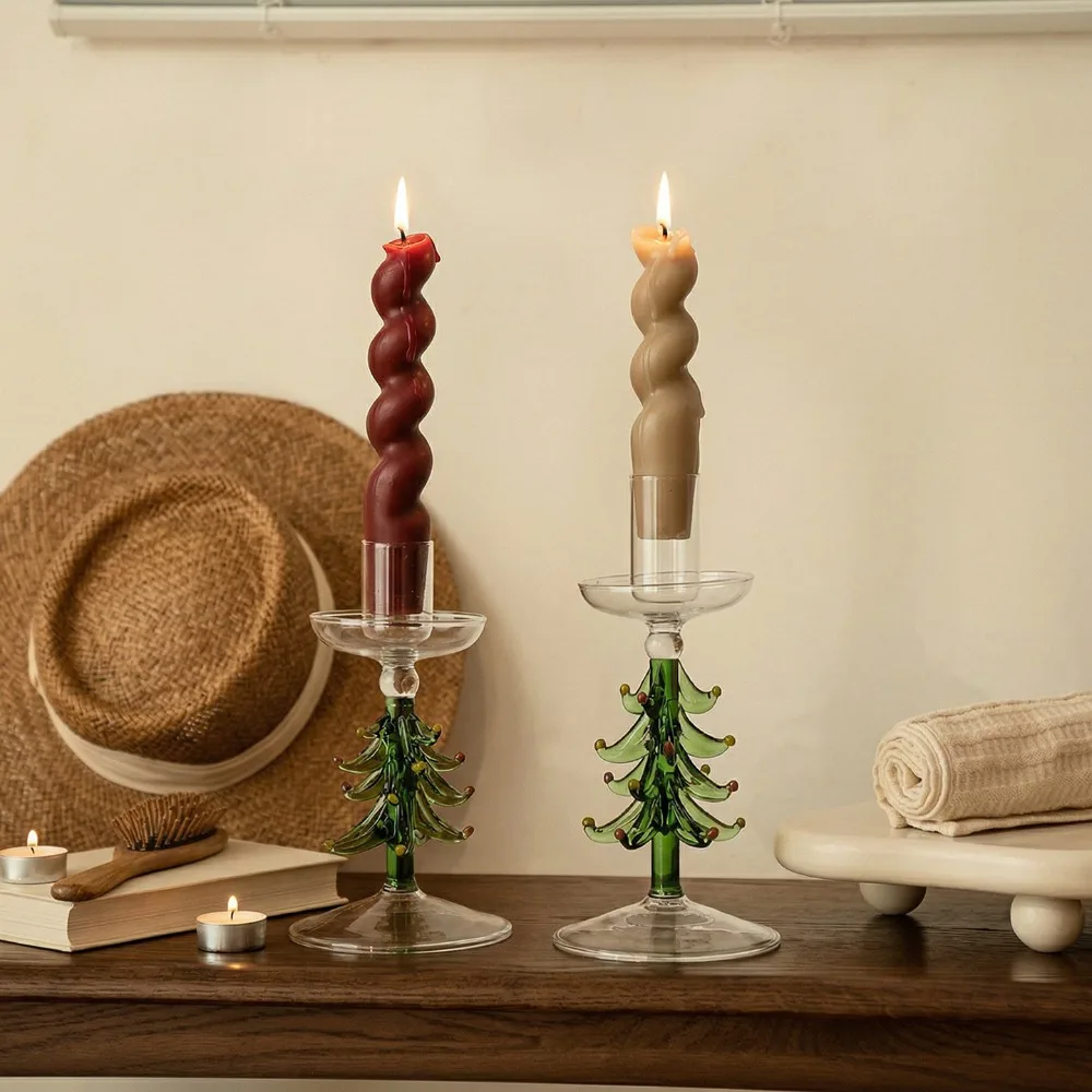 Practical Nordic Style Christmas Trees Candlestick Prevent Dripping Glass Candle Stand Slim Large Pallet Candle Holder Festive