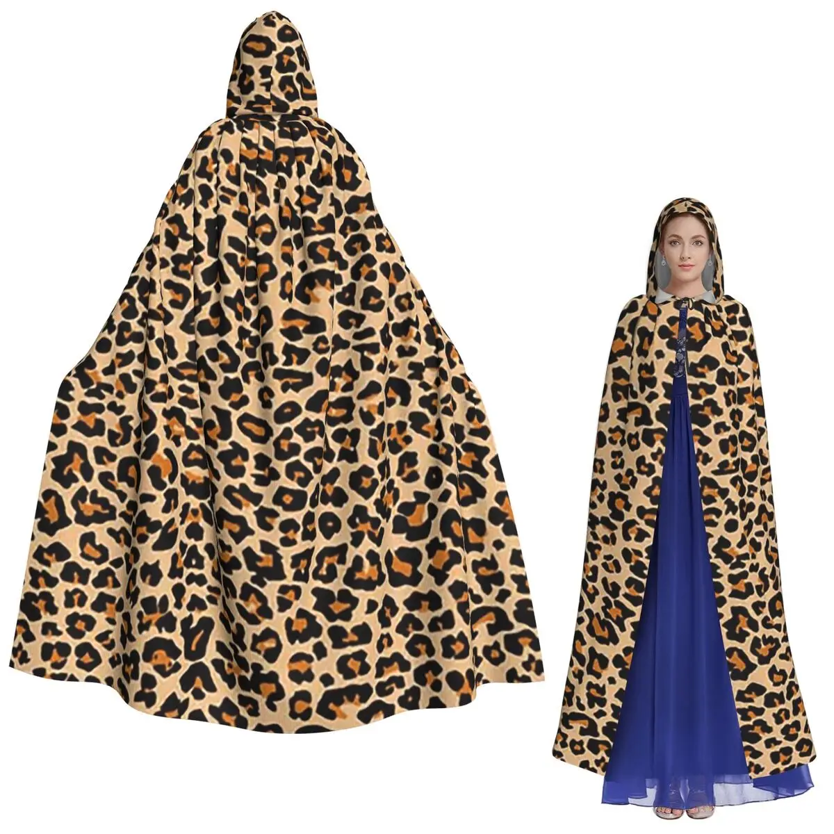 

Leopard Spotty Print Face Mask Long Hooded Cloak Witch Medieval Costume Cosplay Cape HalloweenCoat Adult Unisex