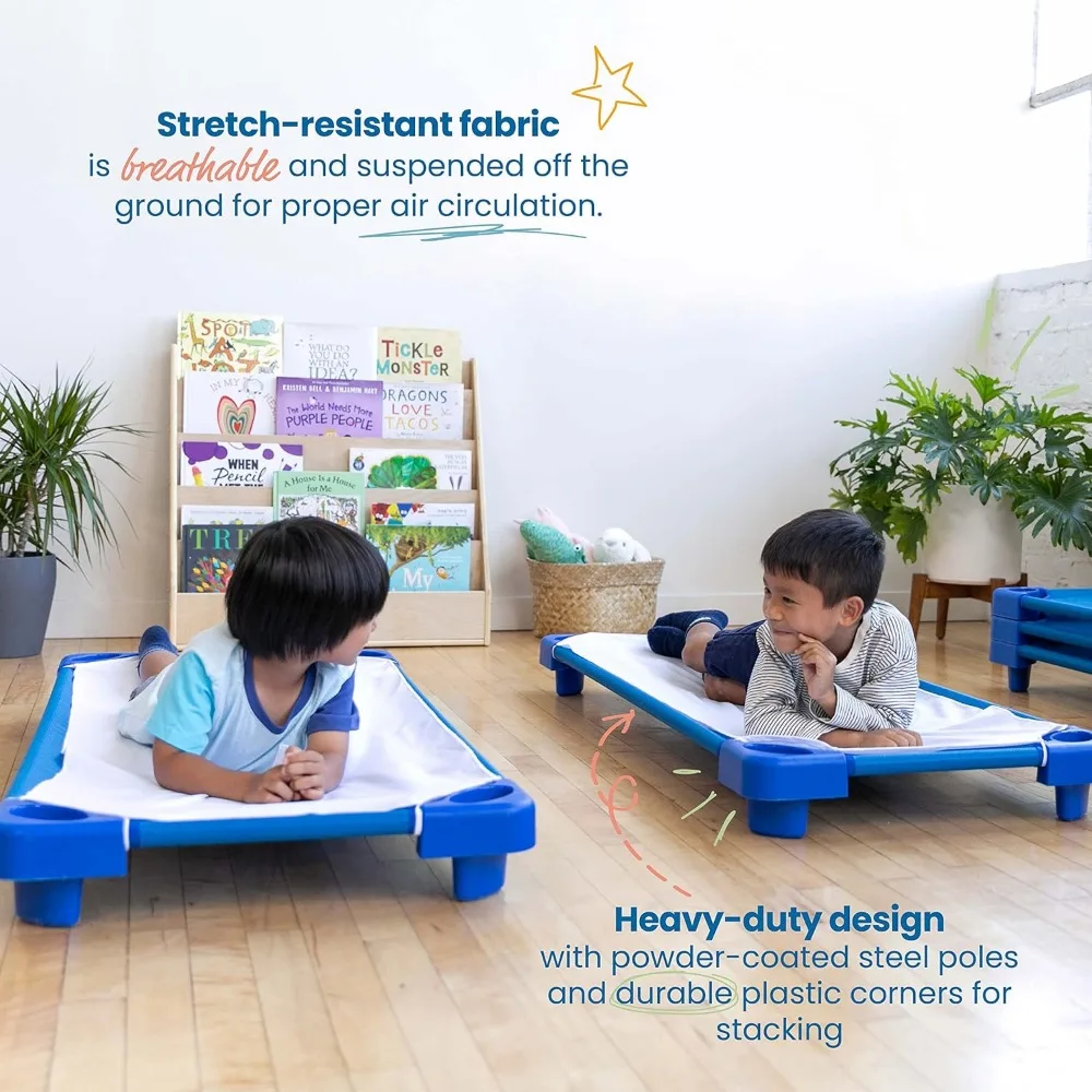 Stackable Kiddie Cot, Ready-to-Assemble, Standard Size, Classroom Furniture, Blue, 6-Pack