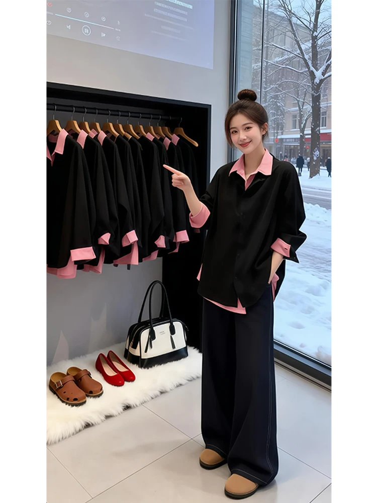 

Color Block Single Button Stand Collar Shirt Women's Inner Wear Layered Spring High Fashion Youthful Top Korean Style Loose Fit