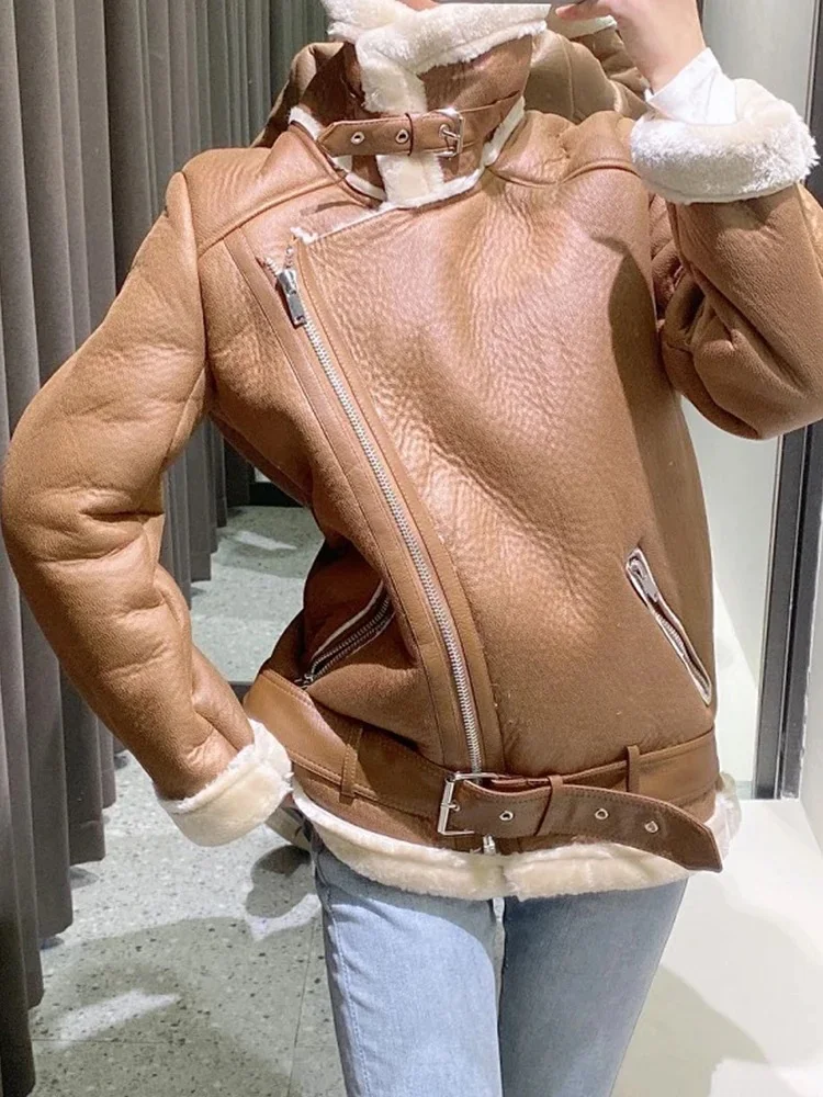 سترة نسائية شتوية دافئة من Suninheart مصنوعة من الجلد الصناعي مع حزام ملابس الشارع الشهير معطف سميك لسائقي الدراجات النارية ملابس خارجية متينة