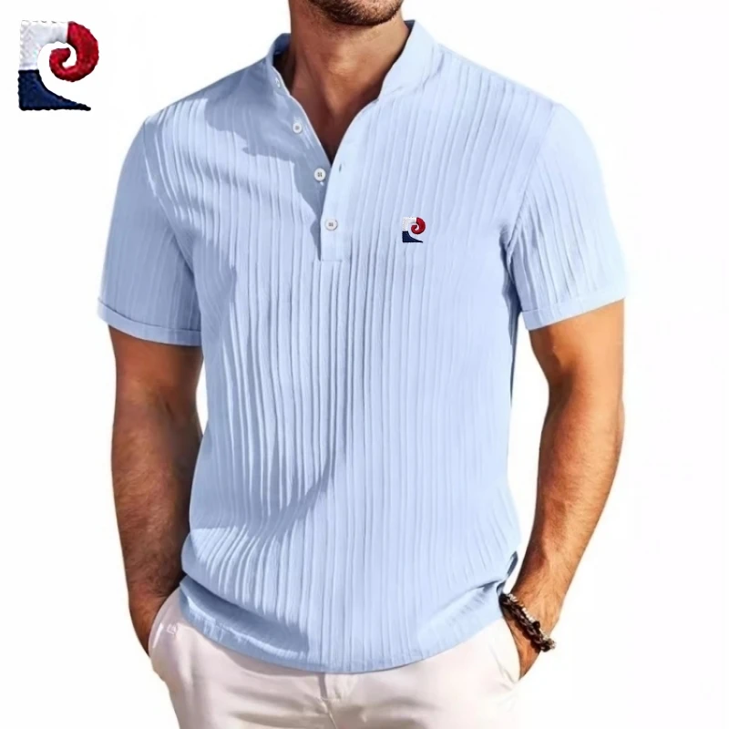 

New men's high-quality Henry collar short sleeved polo shirt, trendy, fashionable, casual, breathable and cool top
