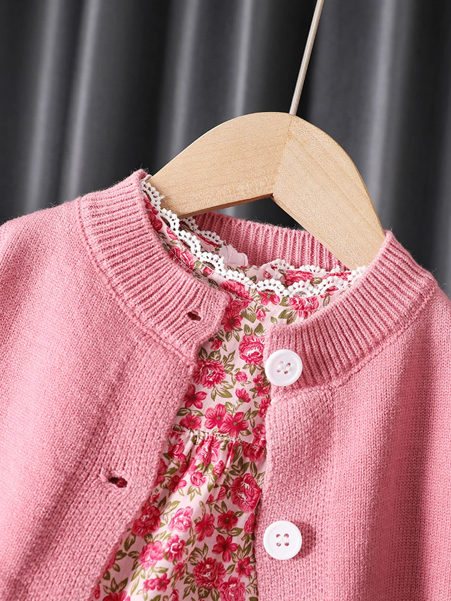 Girls Sweet Princess Suits Knitting Sweater Cardigan Broken Flower Dress+Coats 2pcs Sets Autumn Outfit Children Kids