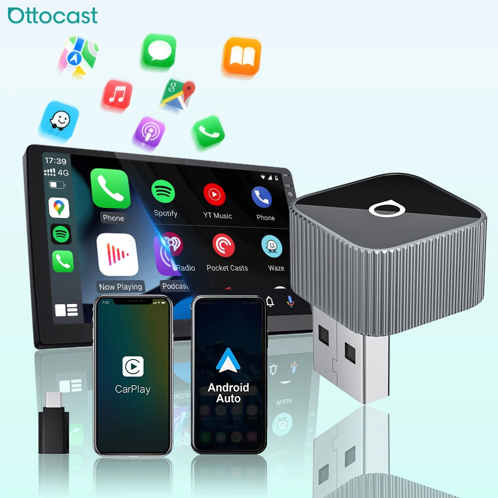 

Беспроводной адаптер Ottocast Mini Slim для CarPlay и Android Auto, Plug & Play, быстрое автоматическое подключение для автомобилей с проводным CarPlay, НОВИНКА