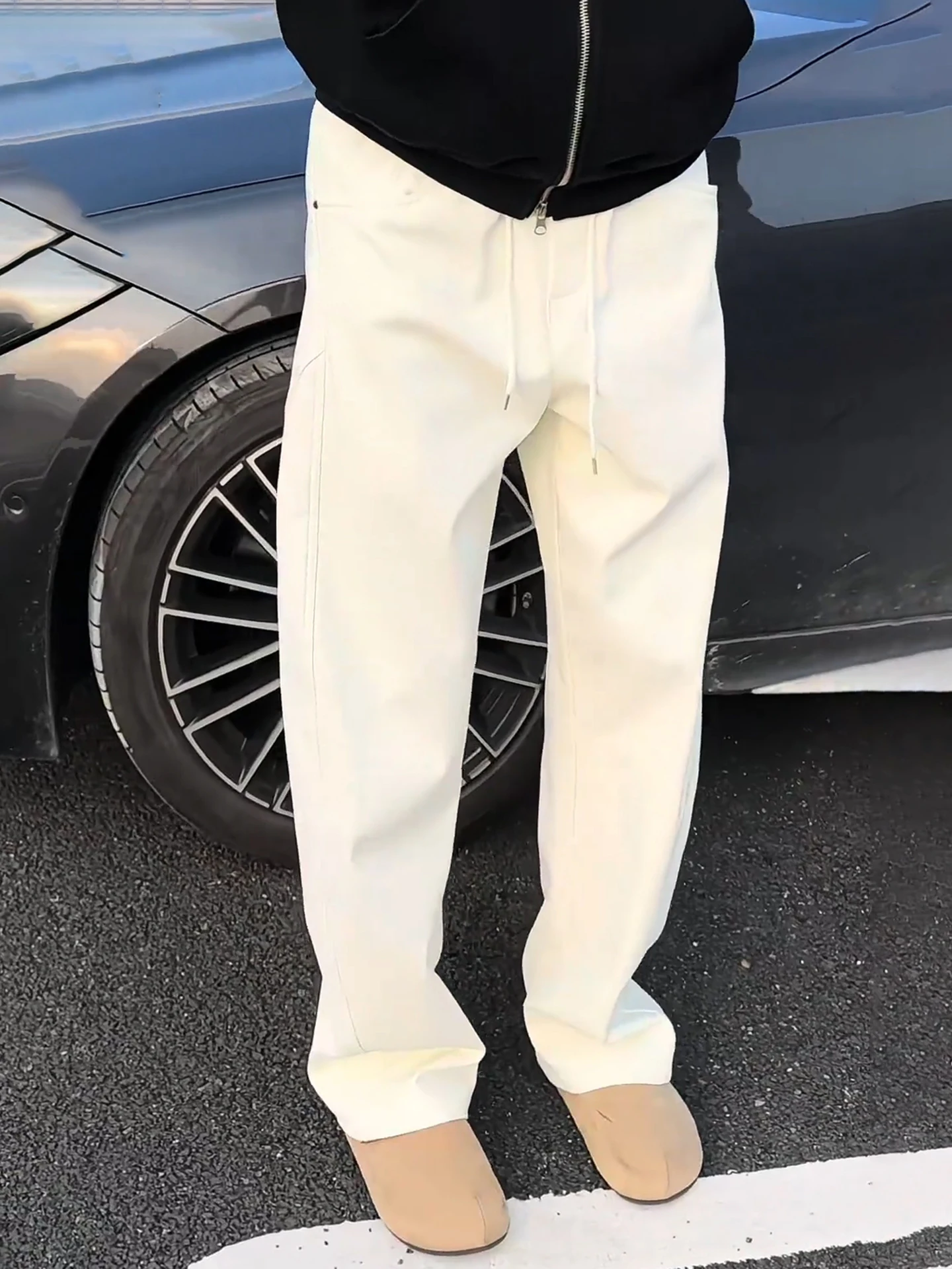 

American Style Knife Work Pants Men's High Waist Fleece Lined Wide Leg Straight Cut Winter Casual Trousers