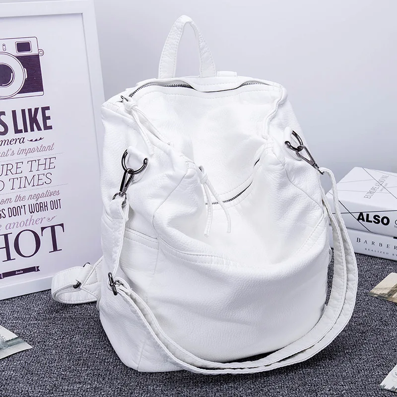 Brand Fashion Women's Backpack Casual Anti-Theft Backpack Soft Washed Leather Backpack White Black Shoulder Bag Pack