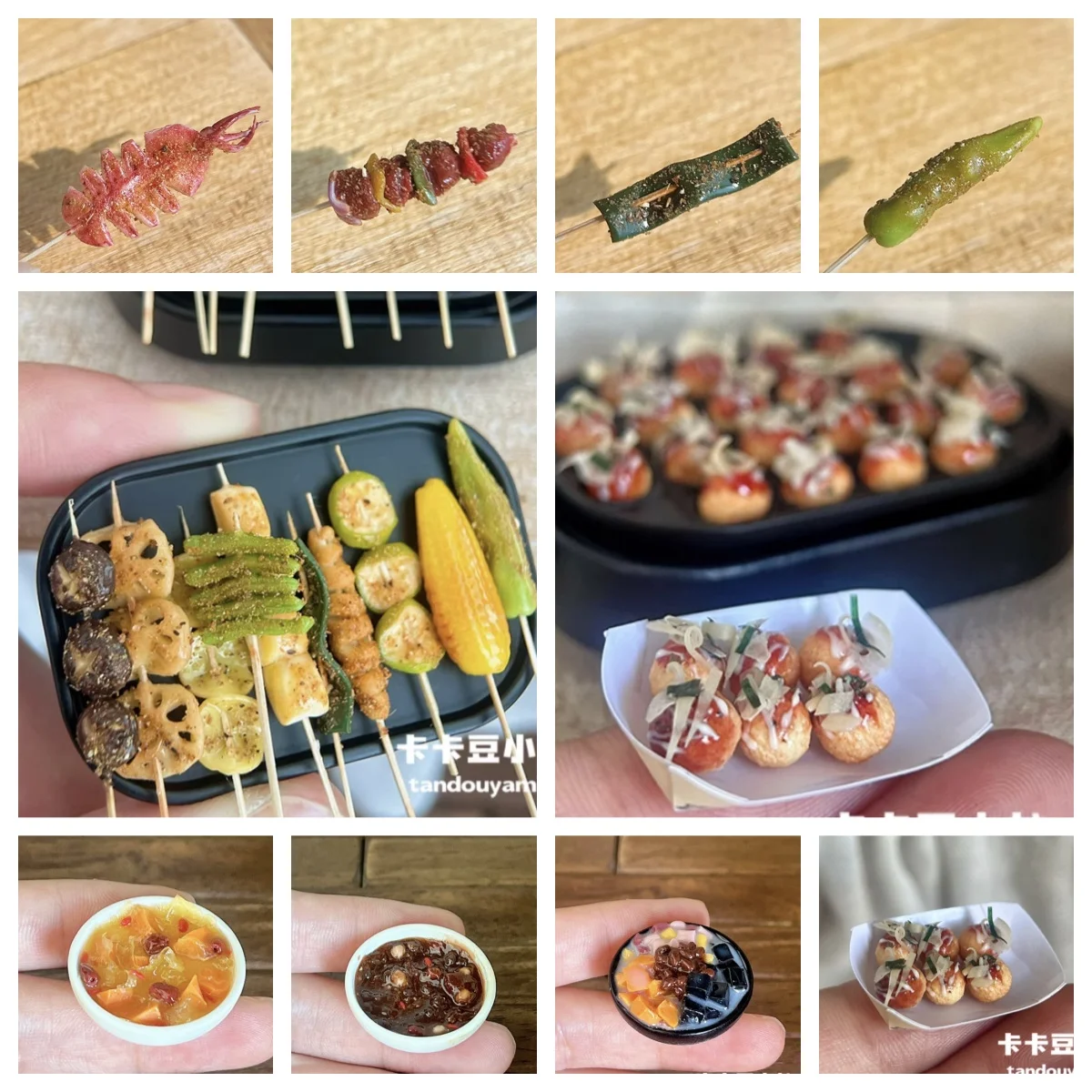 

1:12 масштаб, глина ручной работы, миниатюрная уличная еда, шампуры для барбекю, подставка для китайских десертов такояки, реалистичная модель Bjd с едой для кукольного домика