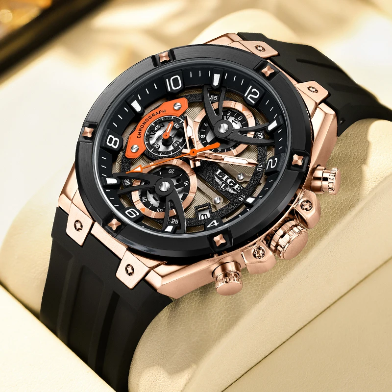 

Мужские кварцевые часы LIGE для активного отдыха, простые, модные, с автоматической датой и днями недели, повседневные, роскошные, с силиконовым ремешком, водонепроницаемые, с полым циферблатом.