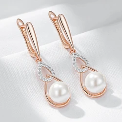Wbmqda Luxury Pearl Women's Long Drop Earrings 585 Rose Gold Silver Color Ethnic Wedding Party Fine Zircon Jewelry Accessories