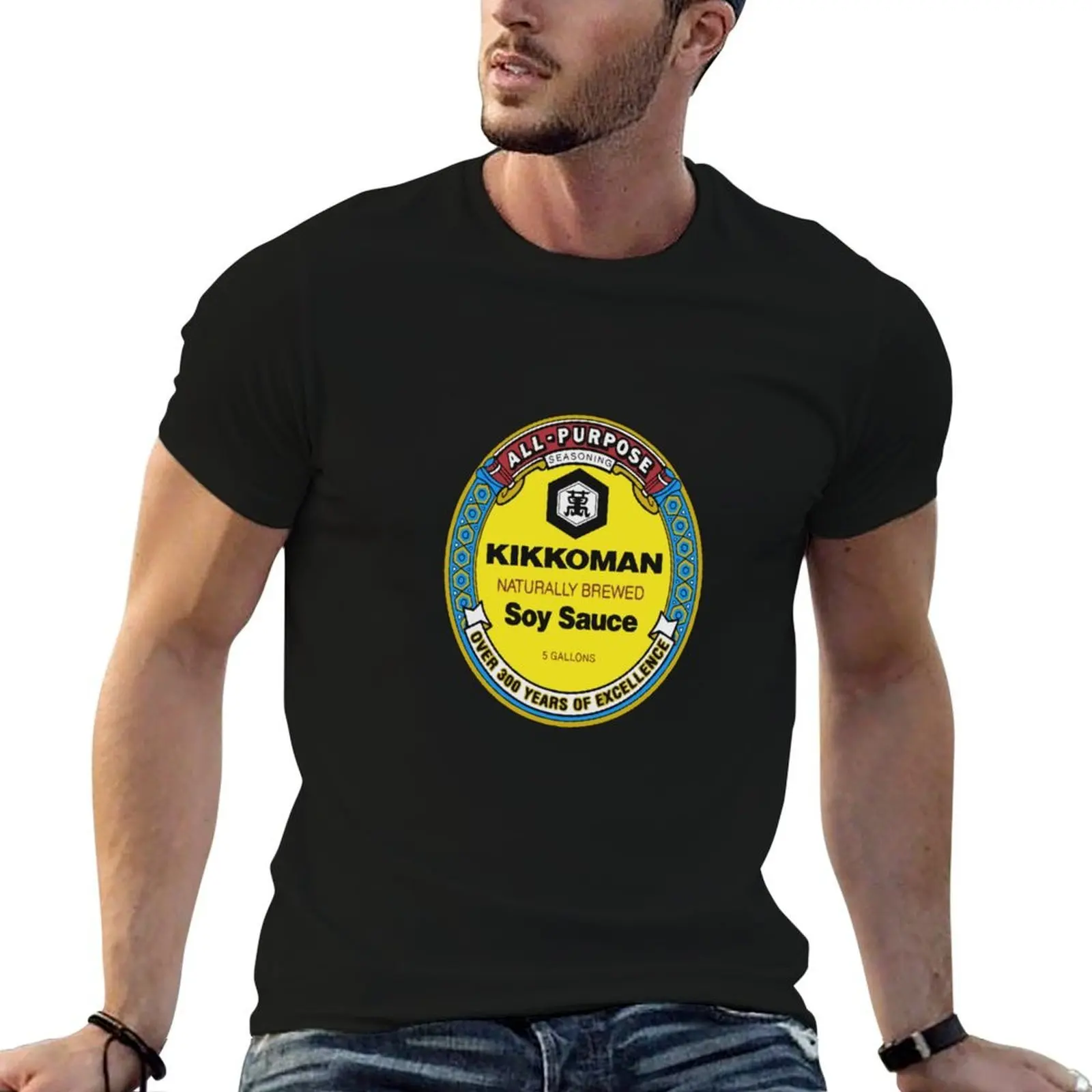 Camiseta de algodón divertida negra de manga corta ideal para hombre con diseño de estampado de salsa de soja Kikkoman multiusos
