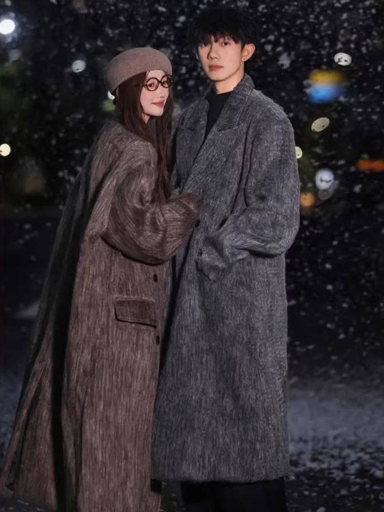 

Korean Sle Men's Woolen Coat Autumn Winter Mid-Length Knee-Over Briti Sle Outerwear High-End Couple's Tweed Coat