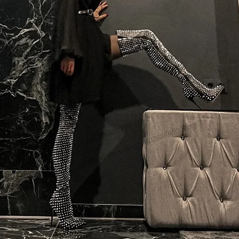 

Thigh Heel Black Rivet Decor Boots Stilettos High Heel Women Shoes Side Zipper Pointed Toe 2023 Fashionable Zapatos Para Mujere