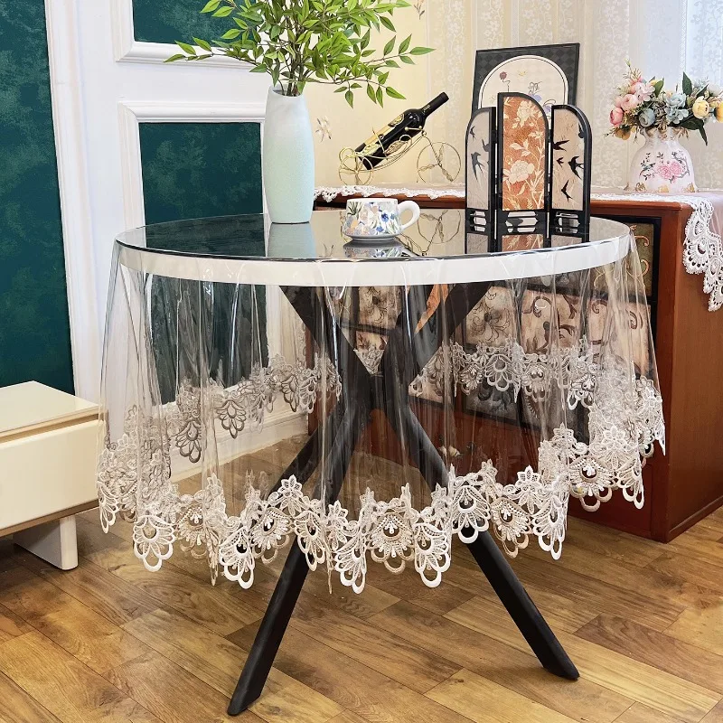 

PVC Transparent Tablecloth No Wash Light Luxury Round Dining Table Cloth Waterproof Oil Resistant Lace Edge Soft and Seamless