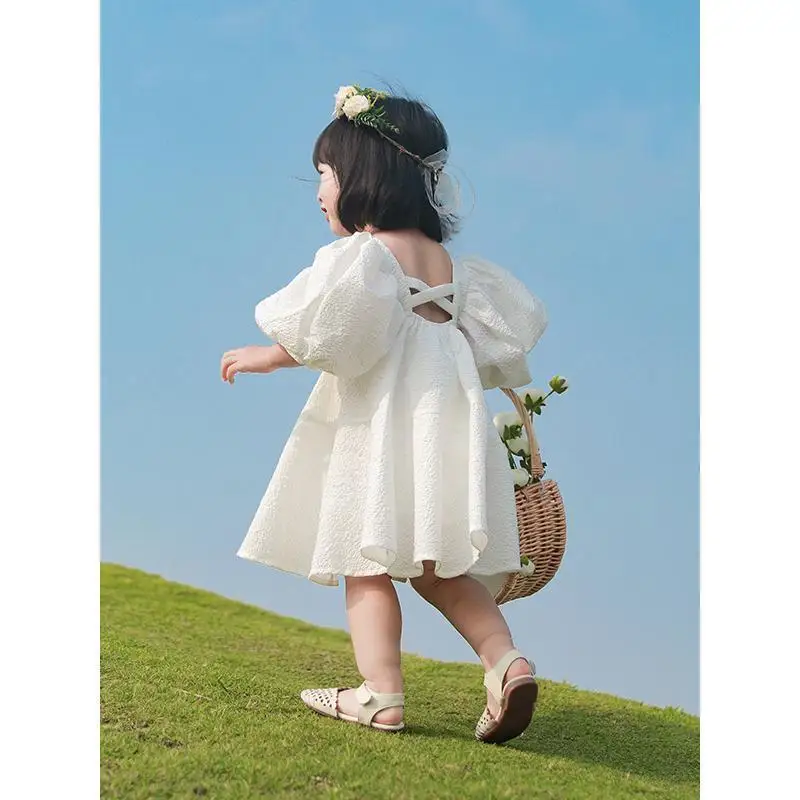 New Style Children's First Birthday Dress2025Spring Stylish Puff Sleeve Princess Dress White Fairy Children's Formal Dress Whole 3