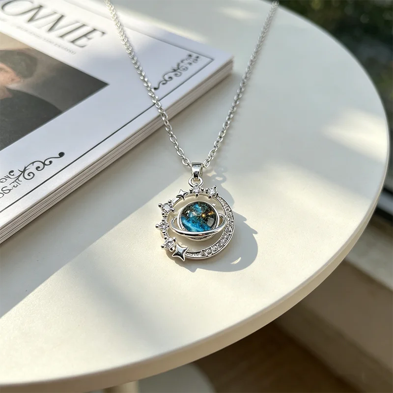 Silver Plated Rotatable Galaxy Planet Pendant Necklace for Women Sparkling CZ Saturn & Star Necklace Elegant Celestial Jewelry