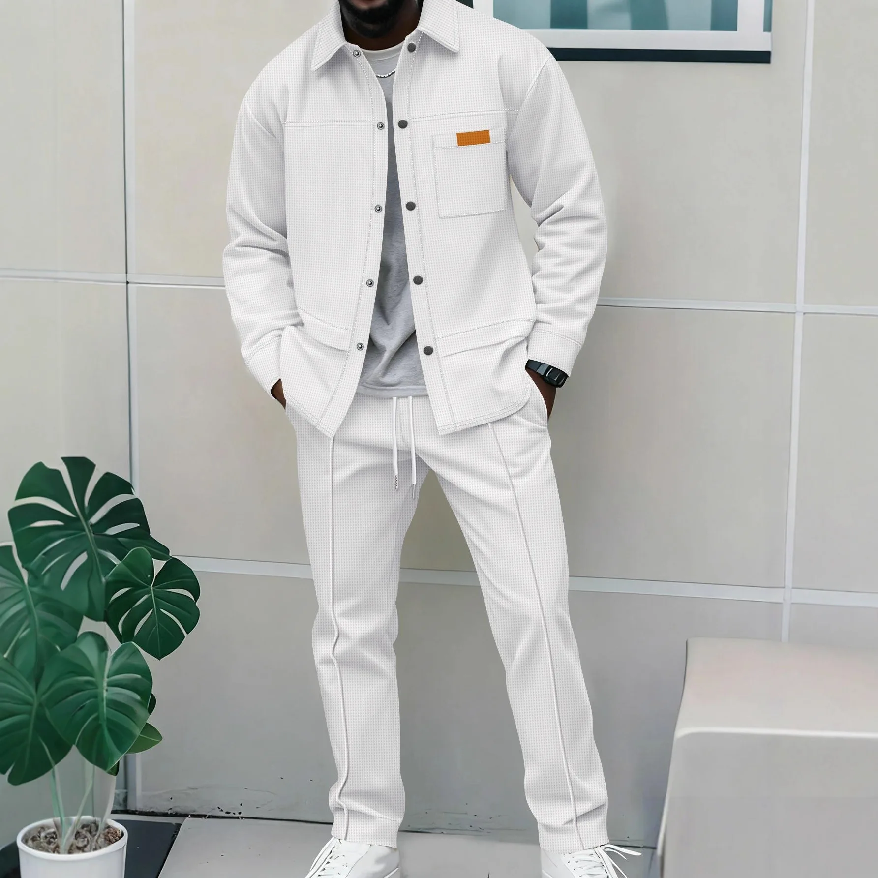 Men's Business-Look Casual Two-Piece Set - Spring-Autumn Check Buttoned Shirt Jacket and Pants - Fashionable Trendy Sports Outfi