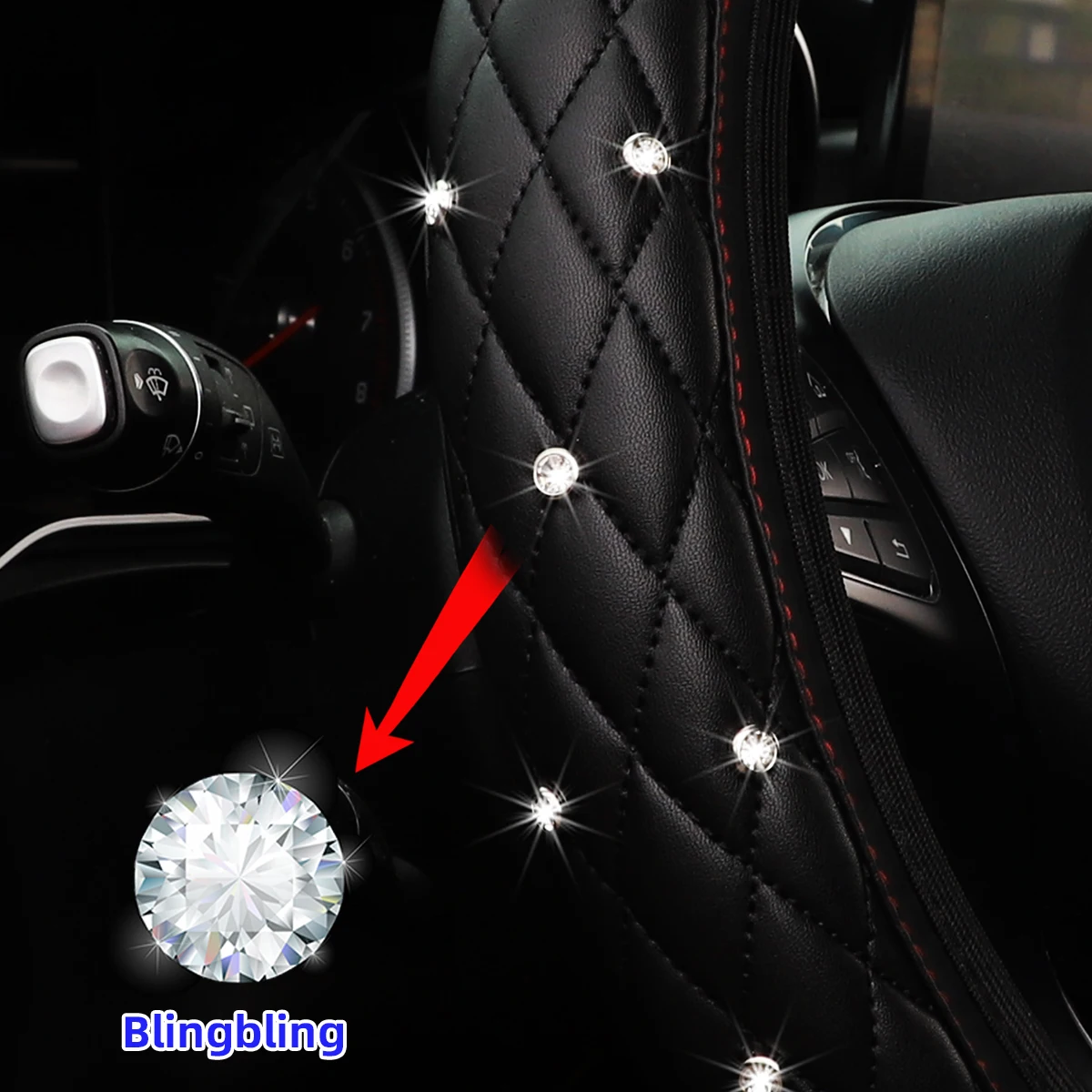 1 haftowany ze skóry PU stereofoniczny, inkrustowany diamentami pokrowiec na kierownicę samochodową Blingbling na 14,5-15 cali materiały eksploatacyjne — zdjęcie 3