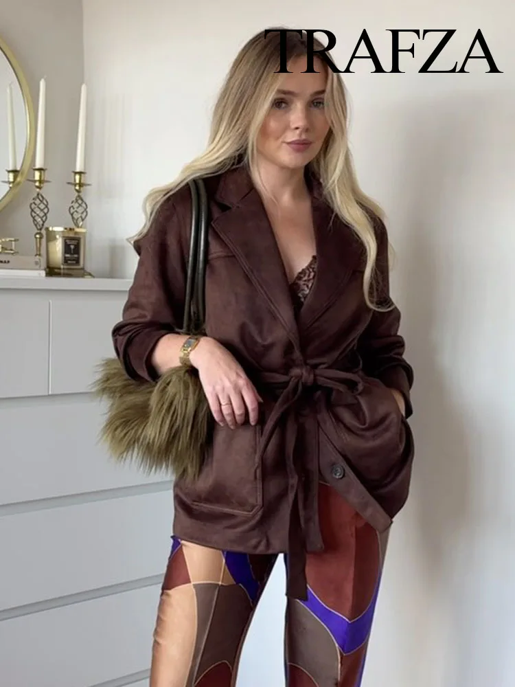 

TRAFZA Women's Fashion Long Sleeves Coats Solid Turn-Down Collar Pockets Belt Single-Breasted Female Autumn Casual Loose Jacket