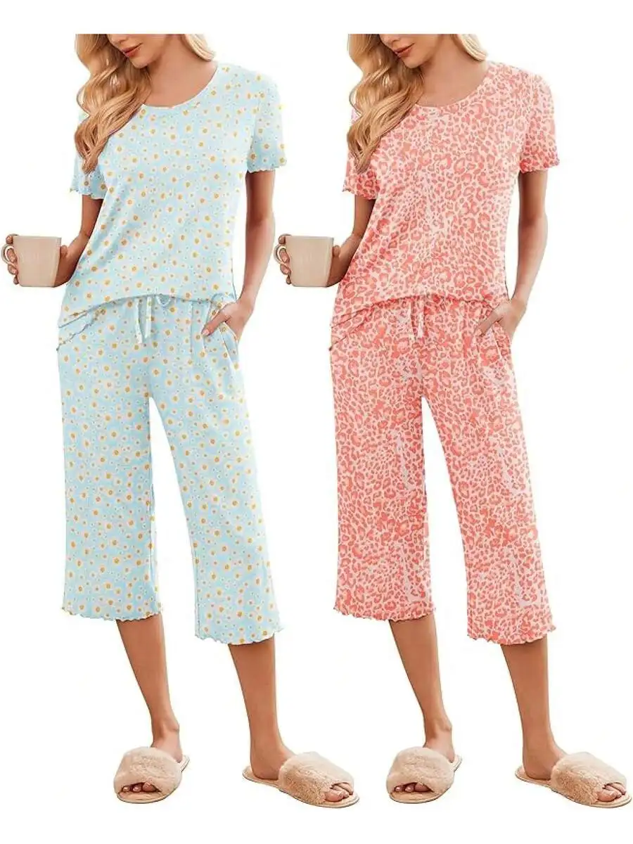 2 Pack Womens Short Sleeve Pajama Set Capri Pants With Pockets Soft Loungewear