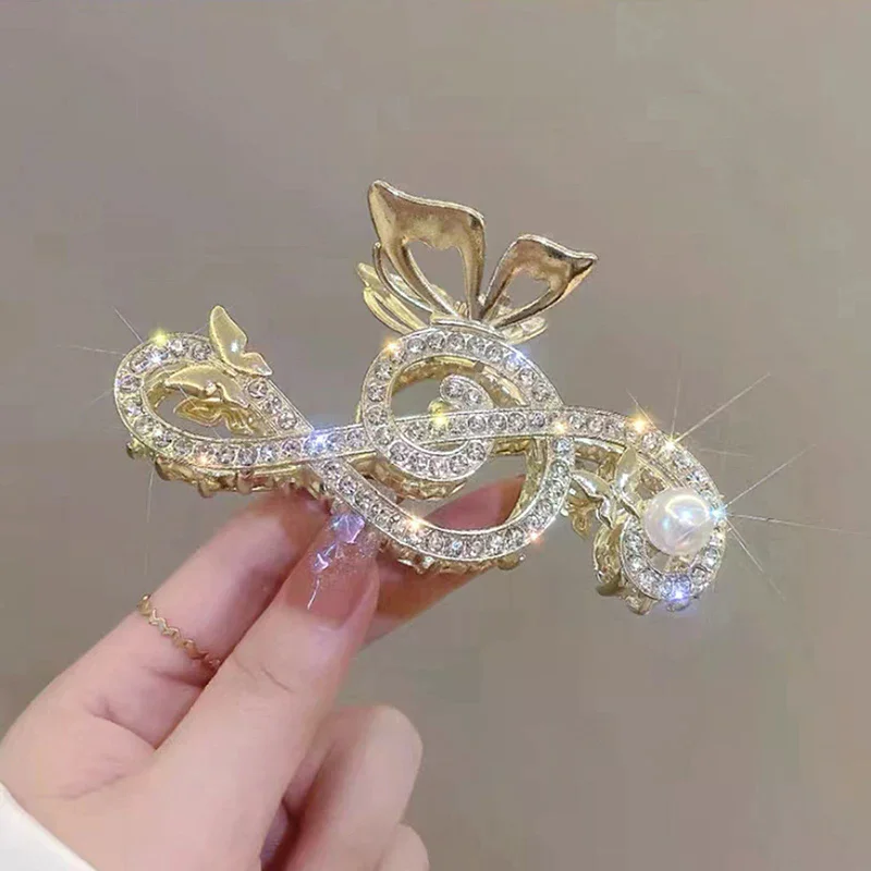 Women Elegant Music Note Shape Hair Clips Luxury Rhinestone Decor Ponytail Claw Clip Accessory Girl Heawear
