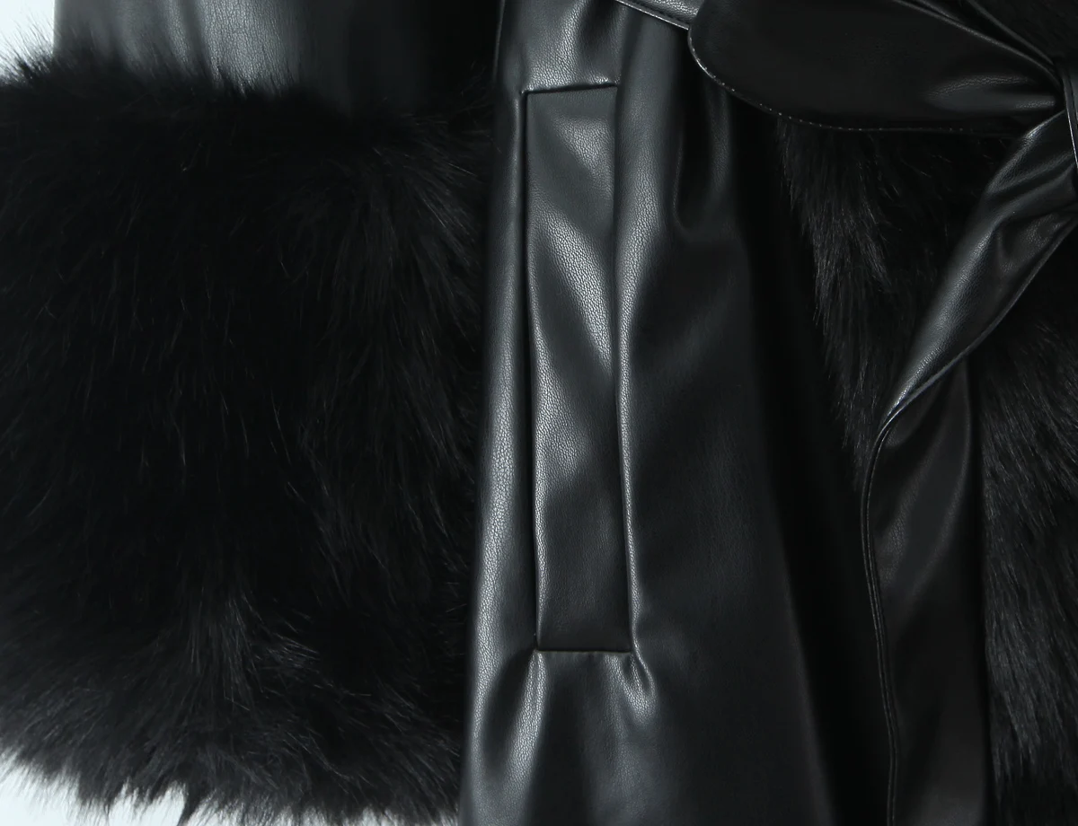 秋冬 ブラック シャギー フェイクファー ラペルカラー フェイクレザーコート レディース ボウタイ サッシュ ロングスリーブ ボタンなし ミディ丈 トレンチコート アウター