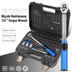 1/4'' Drive 2-24N.m Precise Double Scale Torque Wrench Set for Bicycle Motorcycle Ratchet Repair Socket Spanner 15/16/21/22/32Pc