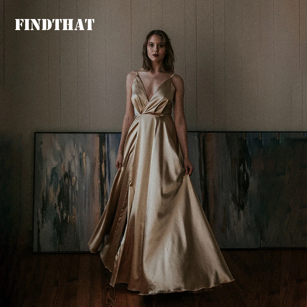 Findthat Sexy Ruched V-Neck Satin Evening Formal Dresses 2024 Spaghetti-Straps A-Line Side Slit Prom Party Gowns Floor Length