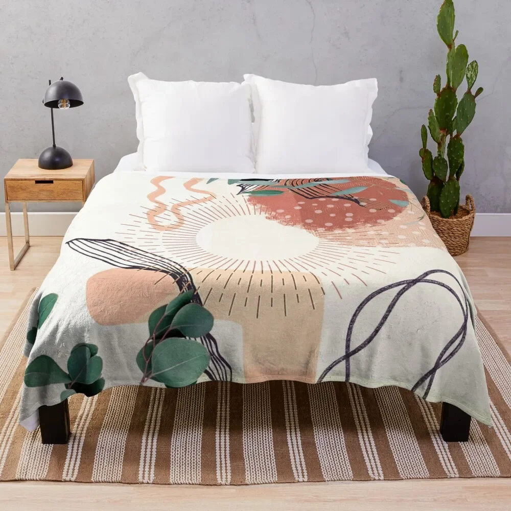 

Eucalyptus Branch Abstract Tropical Boho Minimalist Art with warm earthy tones and pastel colors with solid and so Throw Blanket