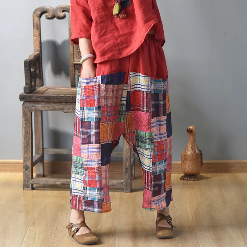 High Quality Ramie Casual Pants Women New 2025 Summer Vintage Style Patchwork Print Loose Female Cotto Linen Cross-pants M467