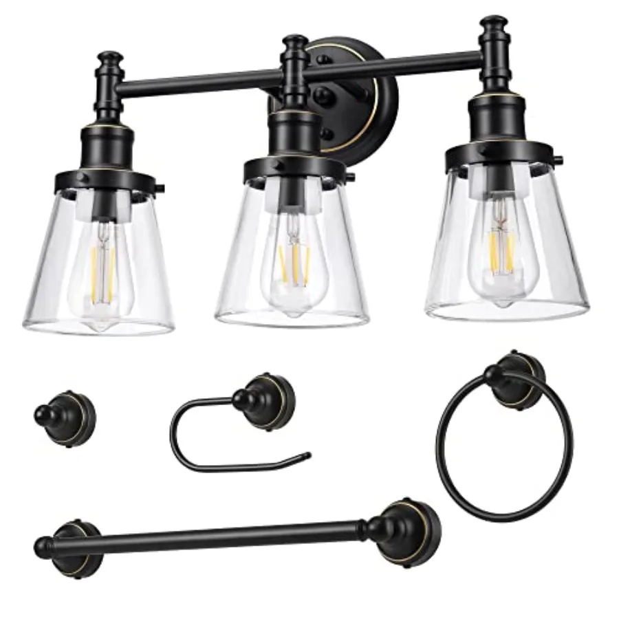 

Bathroom Light Fixtures, 5-Piece All-in-One Bathroom Vanity Lights Over Mirror, 3-Light Bath Wall Mount Sconce with Clear Glass