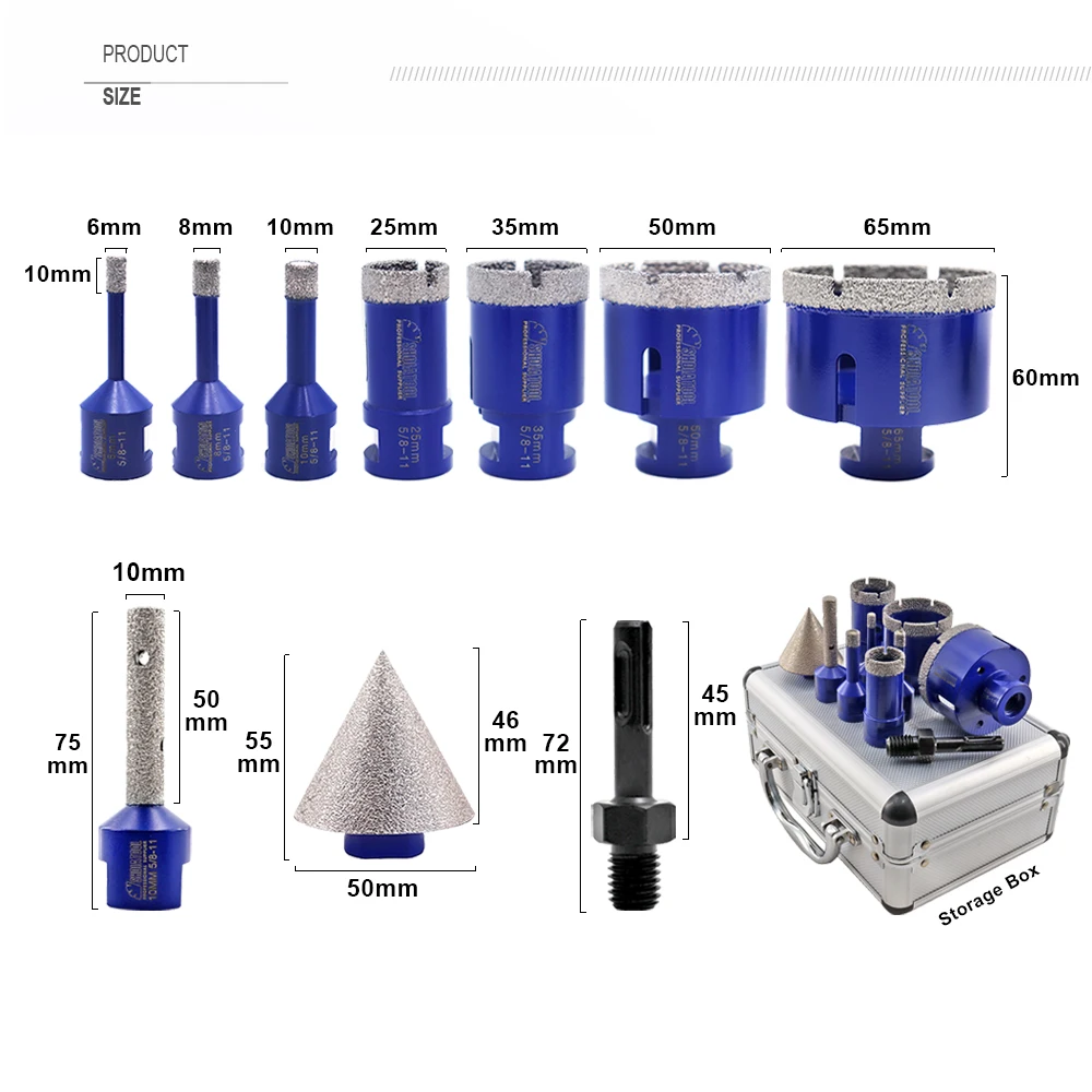 SHDIATOOL 10pcs 6/8/10/25/35/50/65mm Diamond Drill Bits+10mm Finger Bit+50mm Chamfer Bit+SDS Adapter 5/8