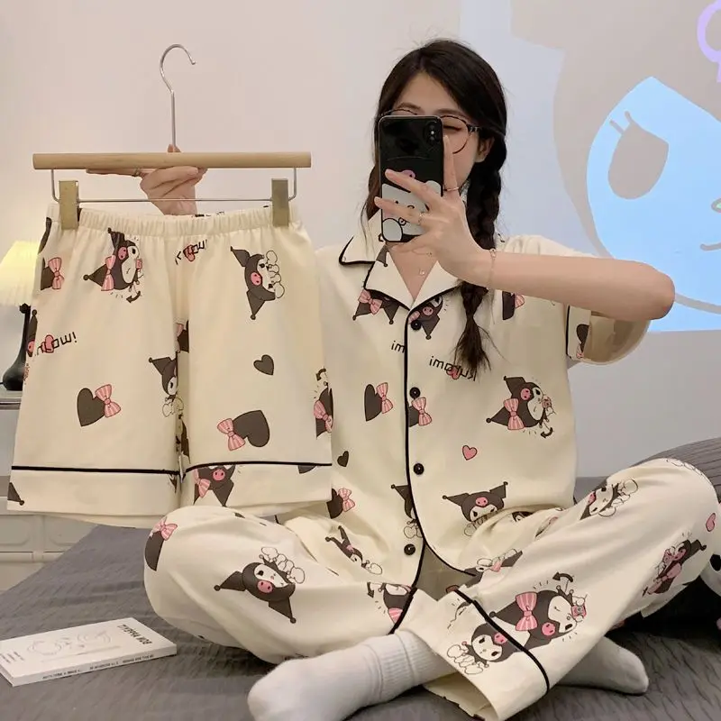 Pijama Sanrio Kuromi Y2K de 3 Piezas para Mujer, Pantalones Cortos, Manga Corta, Ropa de Dormir de Verano, Pijama Kawaii, Ropa de Noche, Traje de Casa con Dibujos Animados