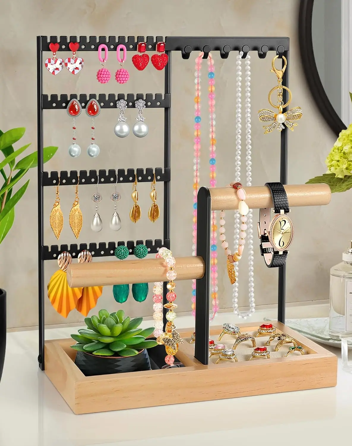 

Godboat Jewelry Holder Organizer, 4-Tier Earring Holder with 48 Holes, 6 Hooks Necklace Holder, Removable Bracelet Holder, Gifts