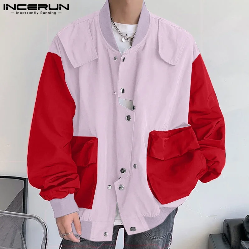 

INCERUN Tops Korean Style Fashion Men's Spliced Contrast Pocket Jackets Casual Personality Male Loose Long Sleeved Jackets Coats
