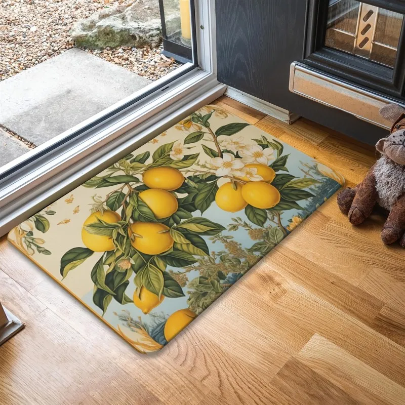 Soft Watercolor Lemon Tree Doormat Fresh Yellow Citrus and Floral Teapot Print Mat for Bright Farmhouse Kitchen Entrance