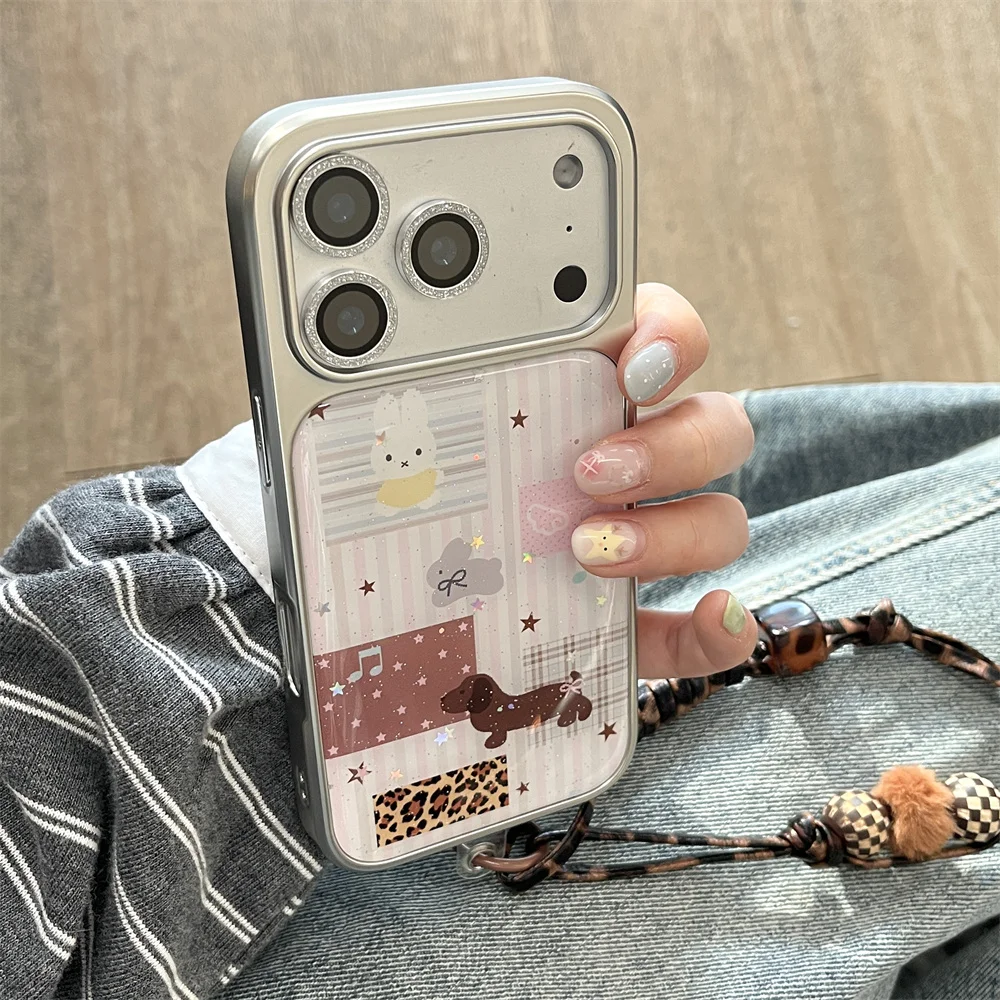 Funda de teléfono coreana con purpurina de conejo y cachorro de dibujos animados para iPhone 15, 13, 14, 16 Max 17 Pro, Fundas de galvanoplastia a la moda