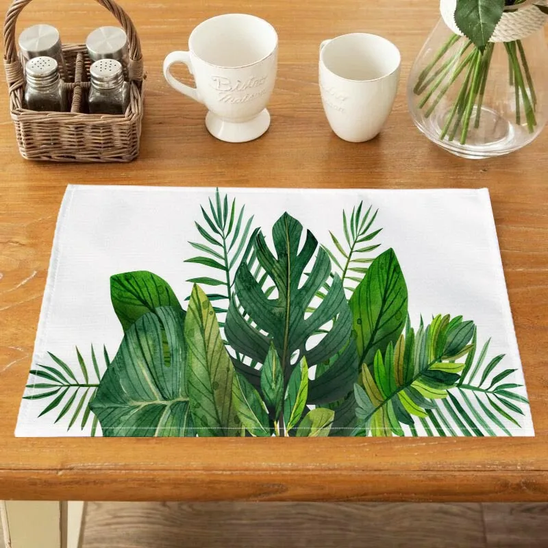 Custom Tropical Plant Pattern Kitchen Placemat Dining Table Mats Drink Coasters Western Pad Cotton Linen Cup Mat Home Decor