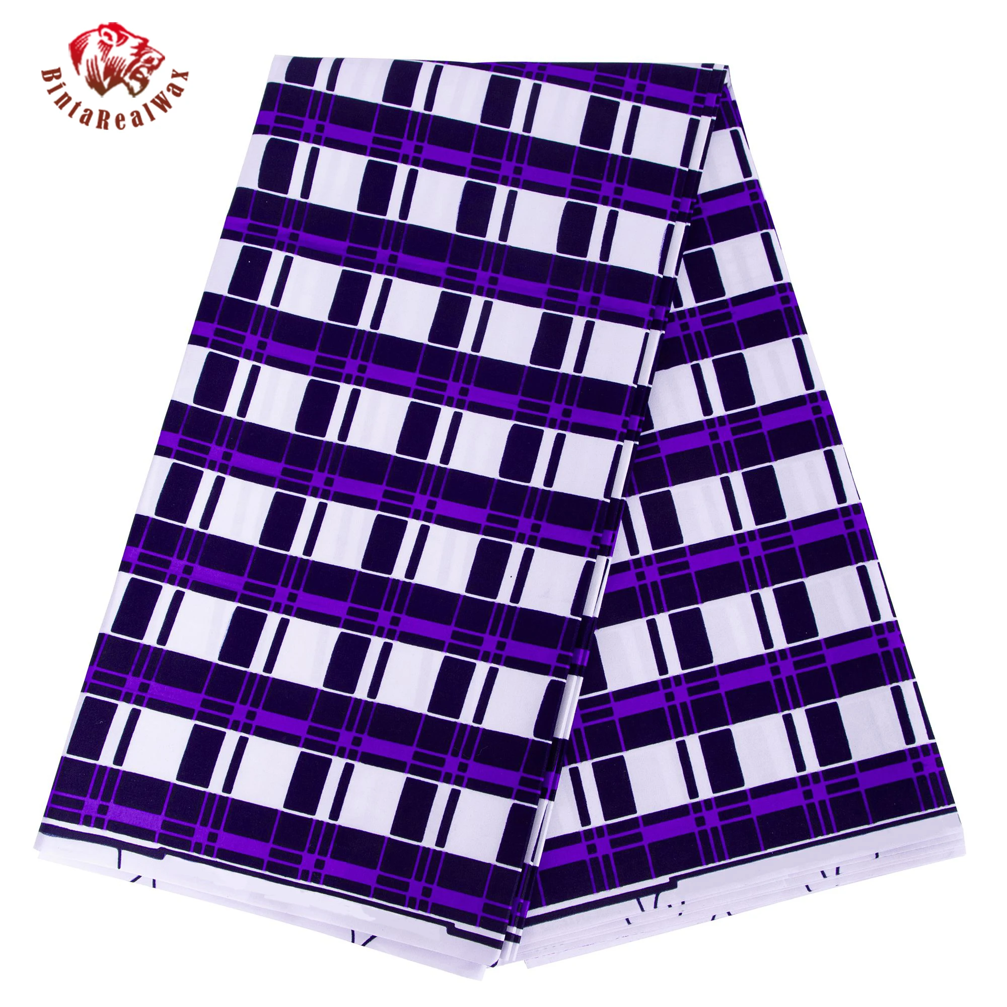 

African Wax Print Fabric Purple White Plaid Pattern Material for DIY Clothing, Cross-Border Wholesale DintaRealwax Brand FP6706