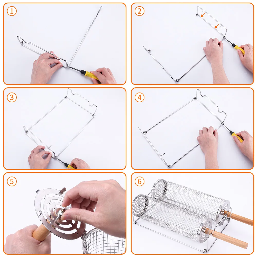 مجموعة سلة شواء شواء من الفولاذ المقاوم للصدأ ، سلة شواء دوارة ، أسطوانة شبكة سلكية ، رف تخييم خارجي بمقبض خشبي