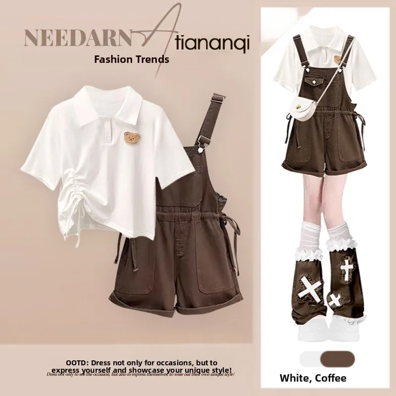 

Anti-Aging Summer Set Women's Short Sleeve Neck T-Shirt with Bib Pants Two-Piece Set Cute Bear Design Casual Ladieswear